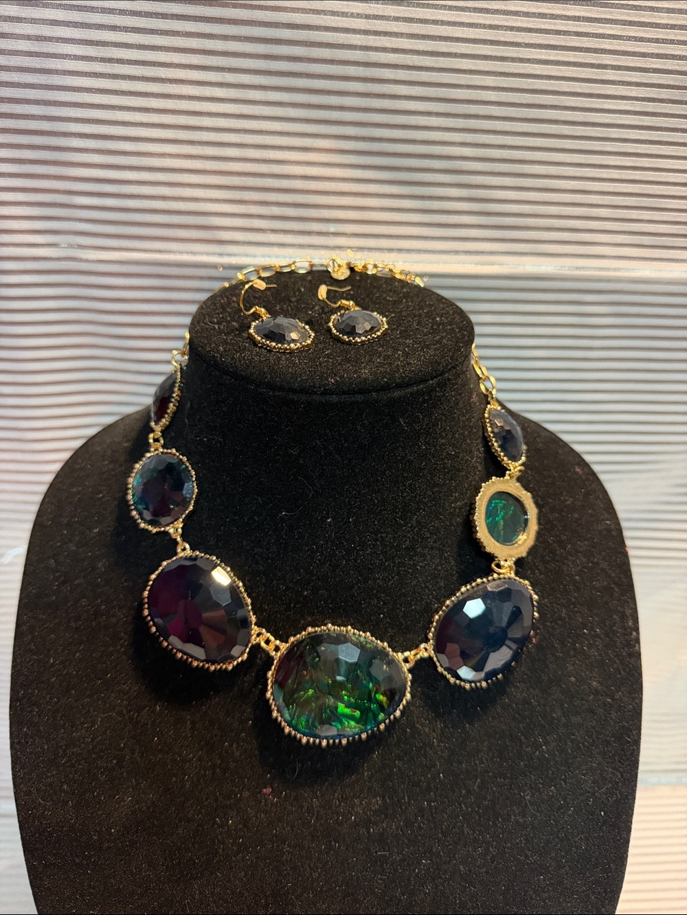Gold Necklace and Earring Set with Iridescent Green-Blue Stones